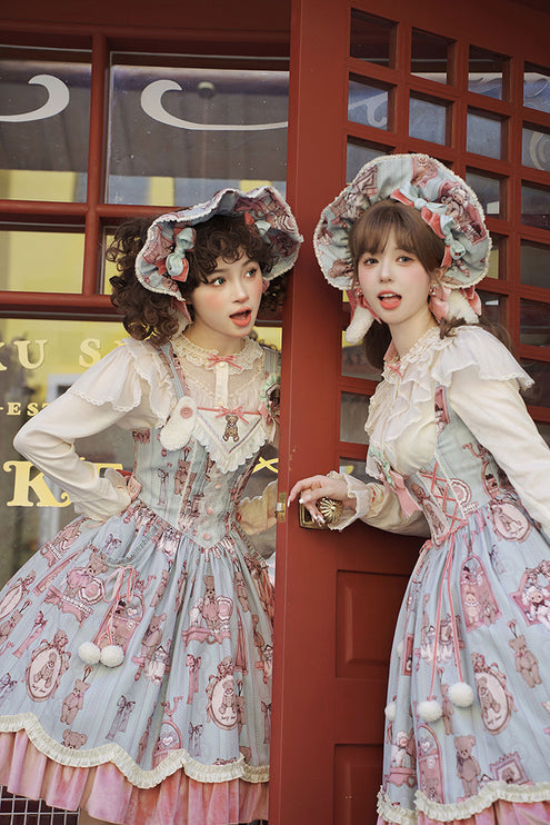 Enchanting Pastel Green Animal Illustration Lolita Jumper Skirt (JSK) Dress