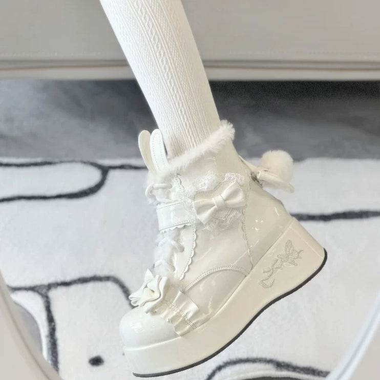 Furry - trimmed Lolita Boots with Bow - buckle and Thick Platform