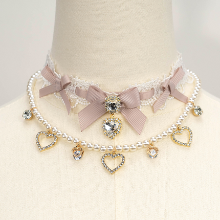 Edgy Punk Style Elaborate Double-Layer Necklace with Pearls and Gemstone Choker Lolita Collarbone Chain