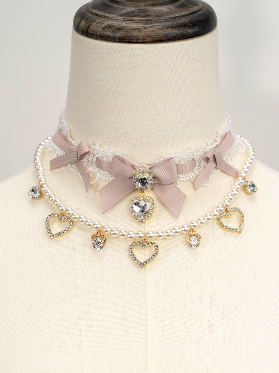 Edgy Punk Style Elaborate Double-Layer Necklace with Pearls and Gemstone Choker Lolita Collarbone Chain