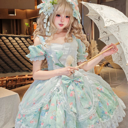 Vintage-Sweet Style Arrives! Mint-Green Print Lolita Dress with Lace Trim – Create a Retro-Sweet Girl Look
