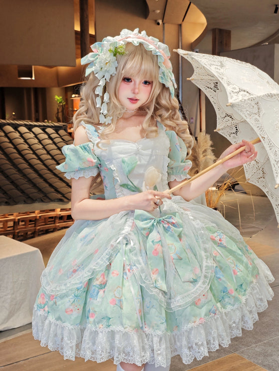 Vintage-Sweet Style Arrives! Mint-Green Print Lolita Dress with Lace Trim – Create a Retro-Sweet Girl Look