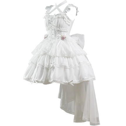 Elegant, lightweight wedding-style Lolita dress with a ballet-girl silhouette and ruffled details, inspired by cotton-candy motifs