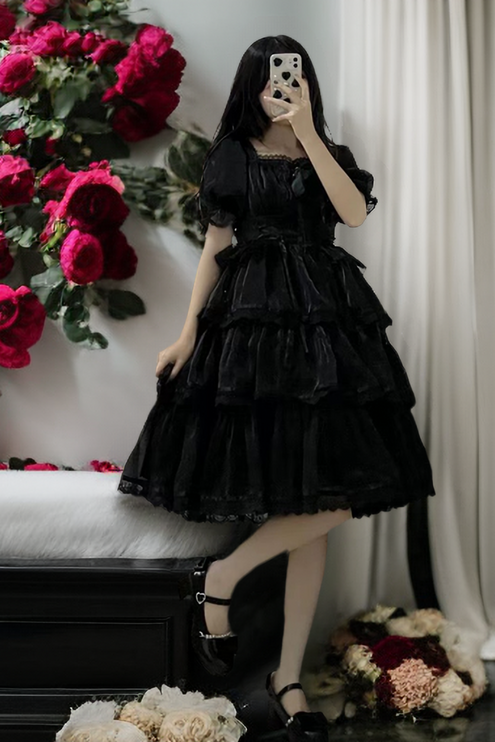 Elegant White Lolita Dress with Ruffled Skirt and Sheer Stockings