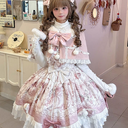 Lolita Capelette Dress Set with Bow - detail and Lace Trim, Pastel Pink and White Color Scheme