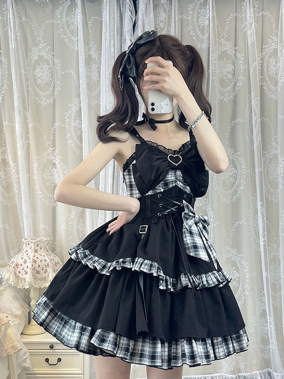 Elegant Gothic Lolita JSK with Heart Embellishment and Plaid Accents