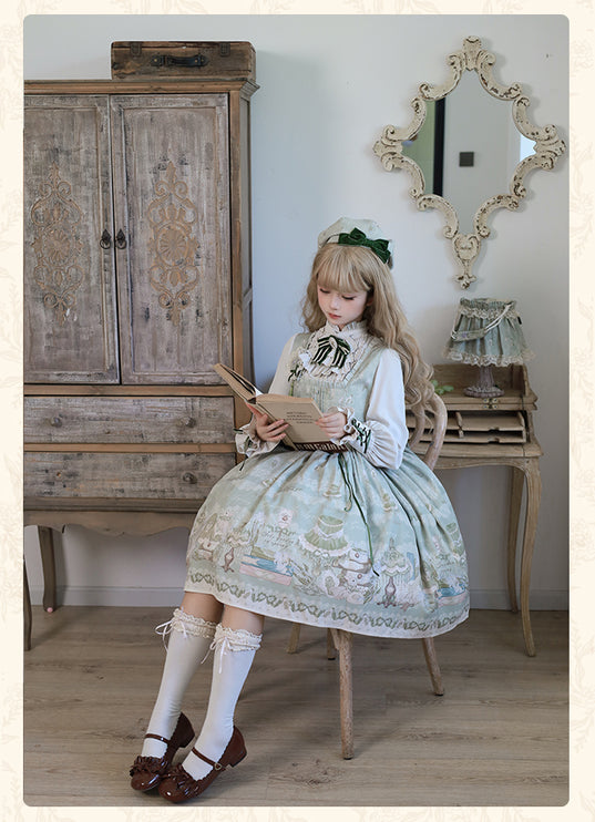 Whimsical Floral Lolita Dress – Tiered Skirt with Detachable Bows & Crisscross Ribbon Details