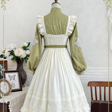 Vintage - style Green and White Layered Lolita Dress with Floral Embroidery