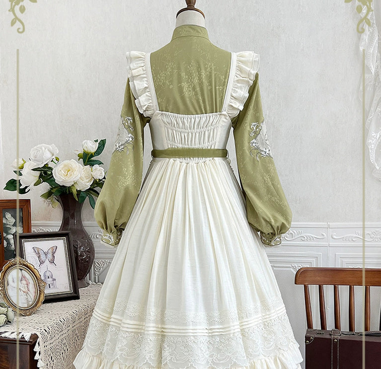Vintage - style Green and White Layered Lolita Dress with Floral Embroidery