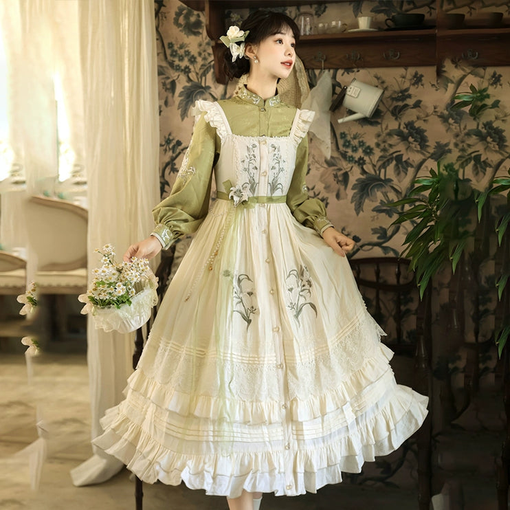 Vintage - style Green and White Layered Lolita Dress with Floral Embroidery