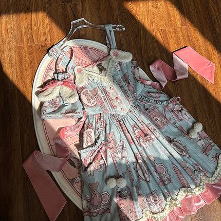 Enchanting Pastel Green Animal Illustration Lolita Jumper Skirt (JSK) Dress
