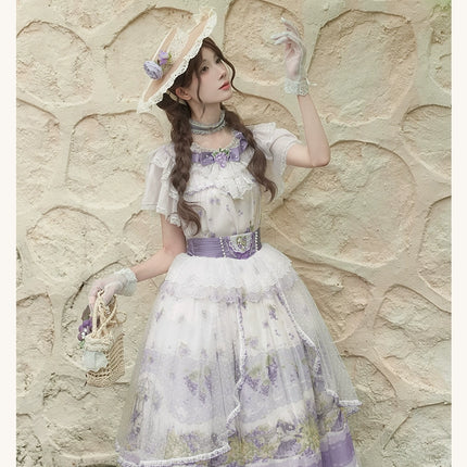 French Country Chic CLA Lolita JSK Dress – Purple & White Lace Bell Sleeve OP