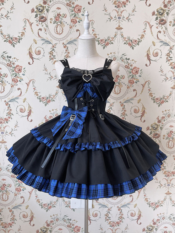 Gothic Blue Plaid Lolita JSK with Heart-Shape Neckline and Ruffled Trims