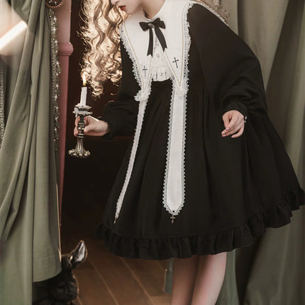 Long-sleeved Lolita princess dress, black, gothic and classical style