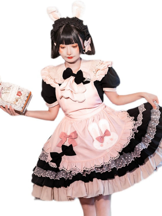 Sweet Pink Lolita Apron with Puff Sleeves OP Maid Lolita Dress