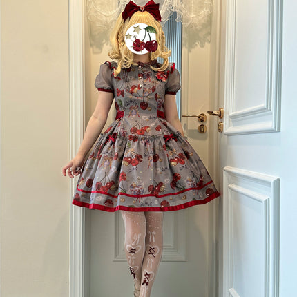 S-2XL Cherry Blossom Delight Lolita Dress – Sweet Vintage Print JSK/OP in Black, Red, Gray & White