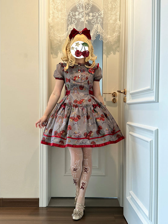 S-2XL Cherry Blossom Delight Lolita Dress – Sweet Vintage Print JSK/OP in Black, Red, Gray & White