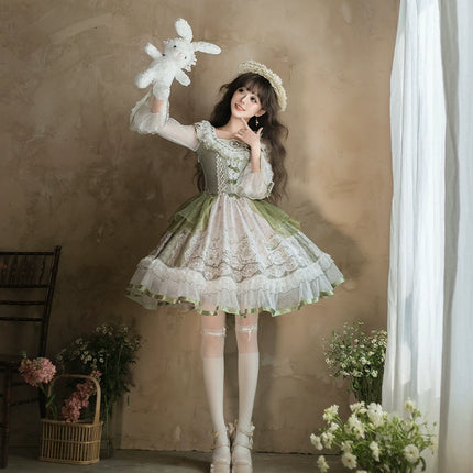 Sweet Lolita Dress - Light Green Layered Tulle Skirt with Lace & Embroidery