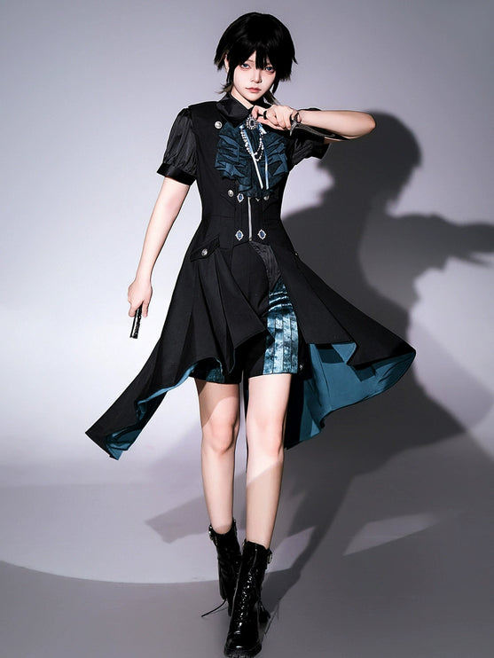 Gothic - Inspired Black and Teal Asymmetrical Long Coat with Puff Sleeves and Decorative Details