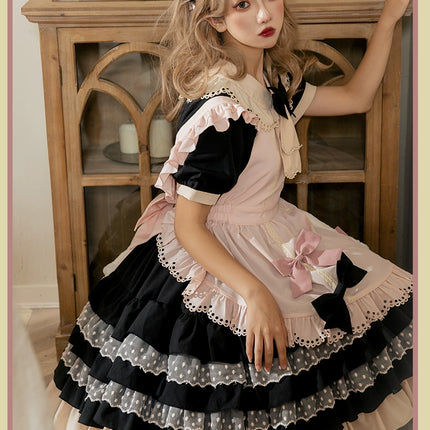 Sweet Pink Lolita Apron with Puff Sleeves OP Maid Lolita Dress