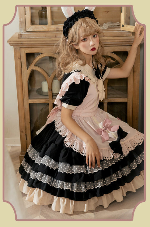 Sweet Pink Lolita Apron with Puff Sleeves OP Maid Lolita Dress