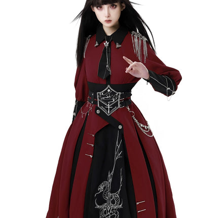 Gothic Military Lolita OP Dress – Black & Red with Silver Embroider
