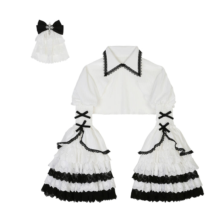 Gothic Victorian Lolita Set – High-Neck Lace Blouse & Gradient Layered JSK with Embroidered Bodice and Ruffled Sleeves