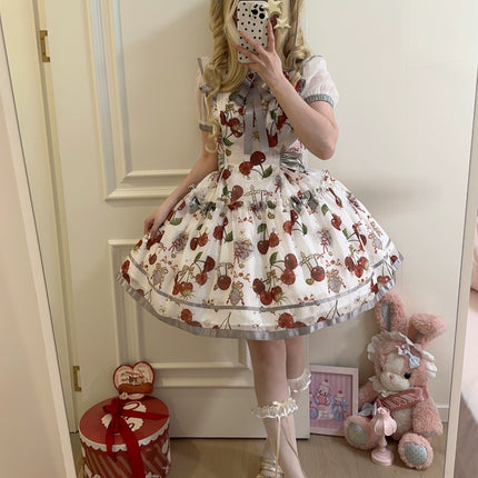 S-2XL Cherry Blossom Delight Lolita Dress – Sweet Vintage Print JSK/OP in Black, Red, Gray & White
