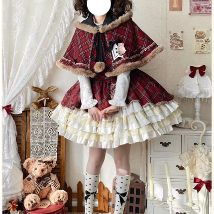 Chestnut Bear Cocoa Lolita Christmas Plaid Cloak JSK — Winter Vibe