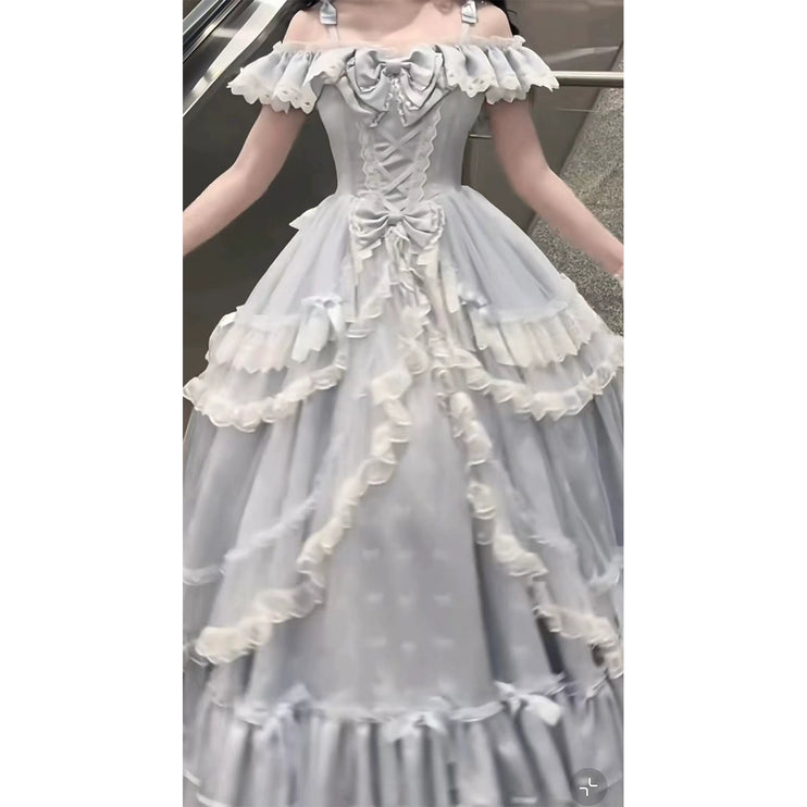 Elegant Light - Blue Off - the - Shoulder Lolita Dress: Ruffled and Bow - adorned