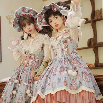 Enchanting Pastel Green Animal Illustration Lolita Jumper Skirt (JSK) Dress