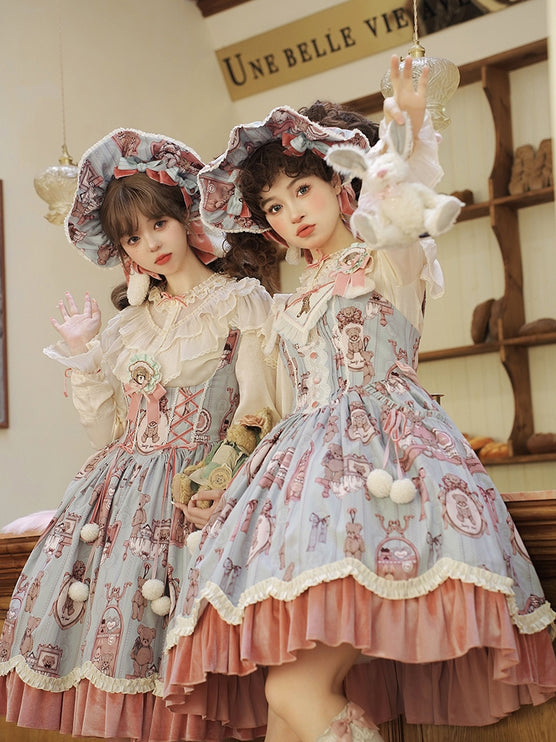 Enchanting Pastel Green Animal Illustration Lolita Jumper Skirt (JSK) Dress
