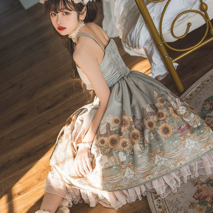 Vintage Floral Lolita Dress with Tulle Layers, Off - the - Shoulder Sleeves & Delicate Headpiece