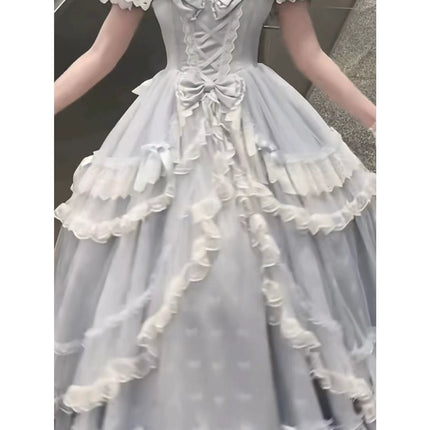 Elegant Light - Blue Off - the - Shoulder Lolita Dress: Ruffled and Bow - adorned