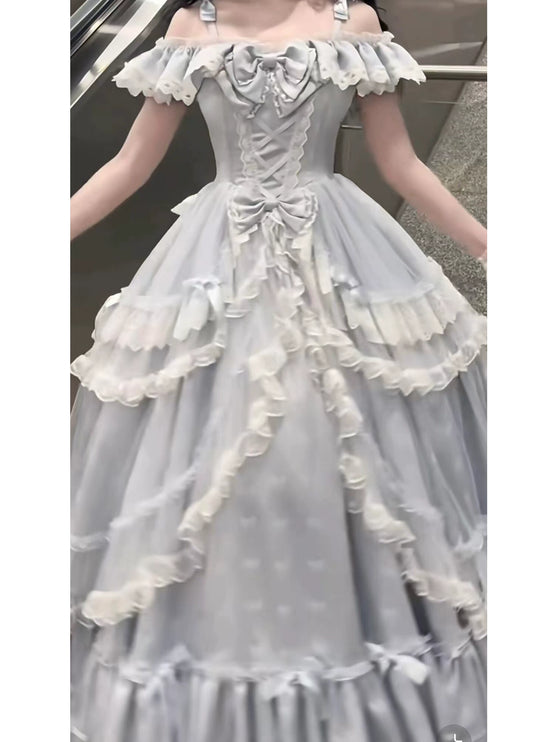 Elegant Light - Blue Off - the - Shoulder Lolita Dress: Ruffled and Bow - adorned