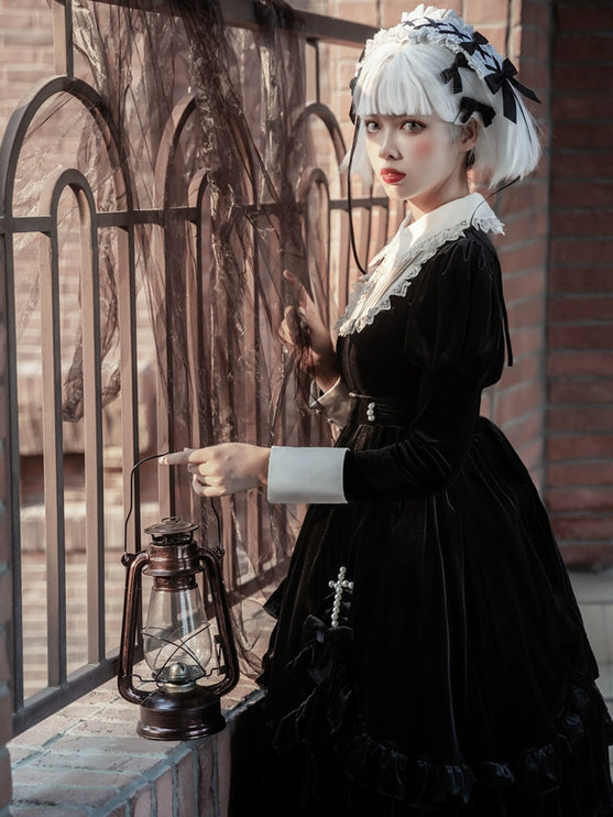 Midnight Cross Velvet Lolita Dress - Gothic OP with Pearl and Lace Accents