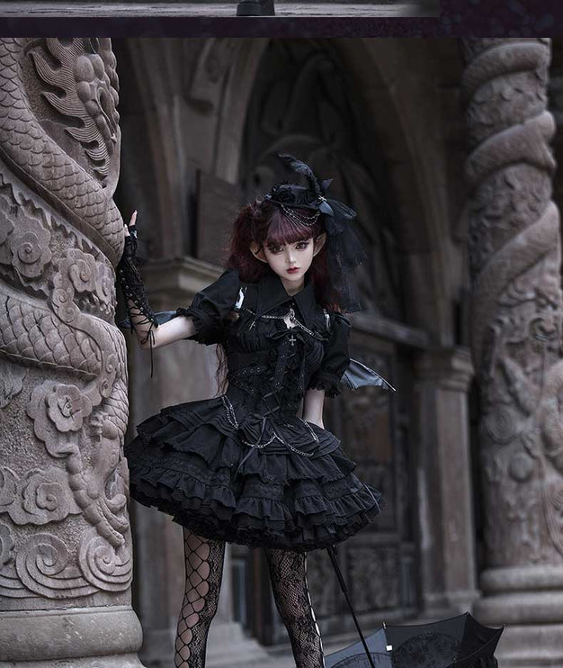 Vintage-Inspired Black&White Lolita JSK with Intricate Details and Versatile Styling