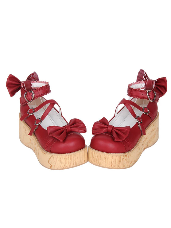 Charming Chunky Platform Lolita Shoes with Bow - details & Heart - buckles