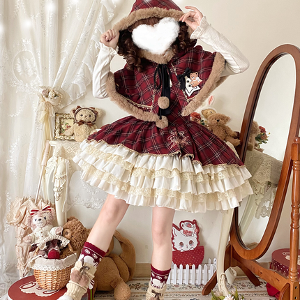 Chestnut Bear Cocoa Lolita Christmas Plaid Cloak JSK — Winter Vibe