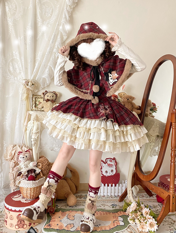 Chestnut Bear Cocoa Lolita Christmas Plaid Cloak JSK — Winter Vibe