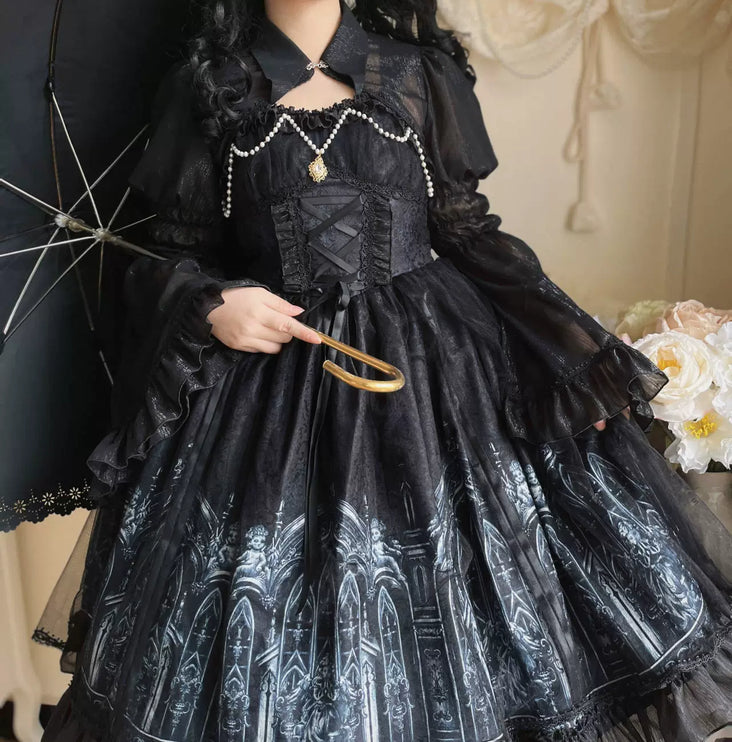 [Silent Night Church] Dark Gothic Elegance Lolita Dress with Lace and Pearl Accents