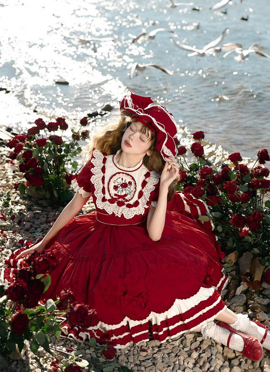 Elegant Country Style Red Lolita OP with Whimsical Embroidery and Ruffled Trims