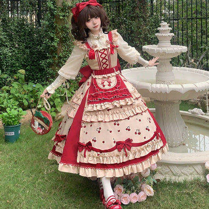 Cherry Orchard Vintage Lolita Dress - Tiered JSK with Apron and Bow Accents