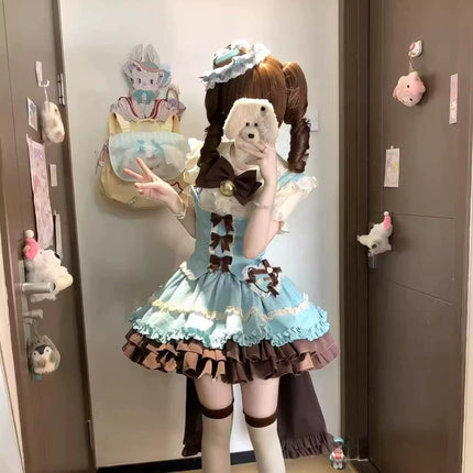 Whimsical Lolita Dress with Ruffled Skirt and Delicate Lace Trims