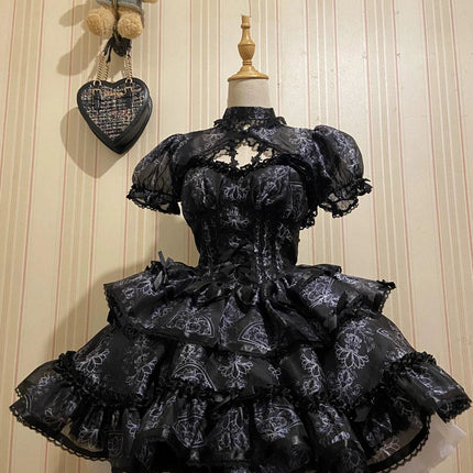 Black With Ornate White Embroidery Ballet Elegance Puffy Princess Dress Lolita JSK