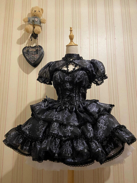 Black With Ornate White Embroidery Ballet Elegance Puffy Princess Dress Lolita JSK