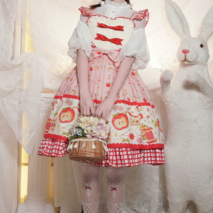Apple Seamstress Lolita JSK – Heart Bib Sweet Style Dress with Gingham Accents