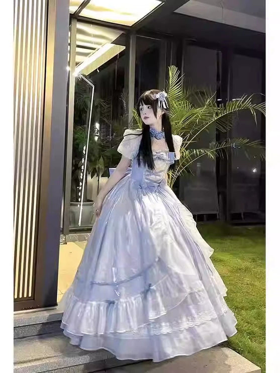 Blue Adult Formal Dress, Big Flower Bridal Lolita Dress