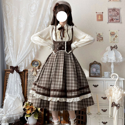Vintage - style Plaid Suspender Skirt with Lace Trims and Button - up Bodice