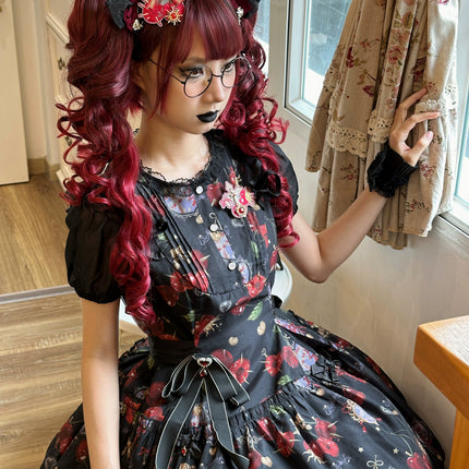S-2XL Cherry Blossom Delight Lolita Dress – Sweet Vintage Print JSK/OP in Black, Red, Gray & White